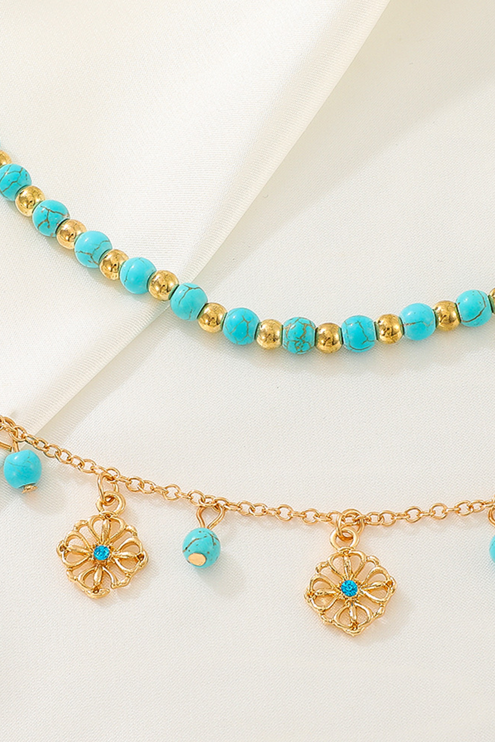 Gold Turquoise Beaded Flower Charm Layered Adjustable Anklet