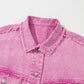 Pink Lace Patchwork Distressed Buttoned Denim Jacket