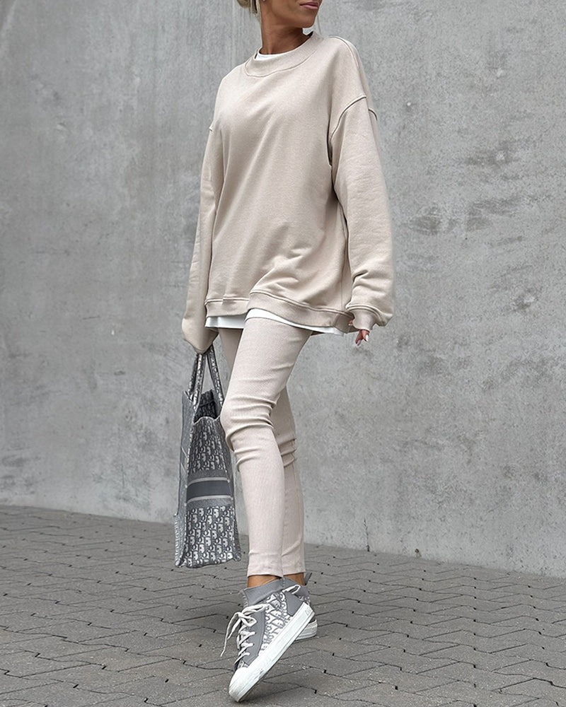 2 Pieces Set Stand Collar Loose Fit Sweatshirt and Casual Slim Fit Leggings Set