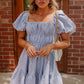 Sky Blue Stripe Bubble Sleeve Square Neck Ruched Pocketed Babydoll Dress