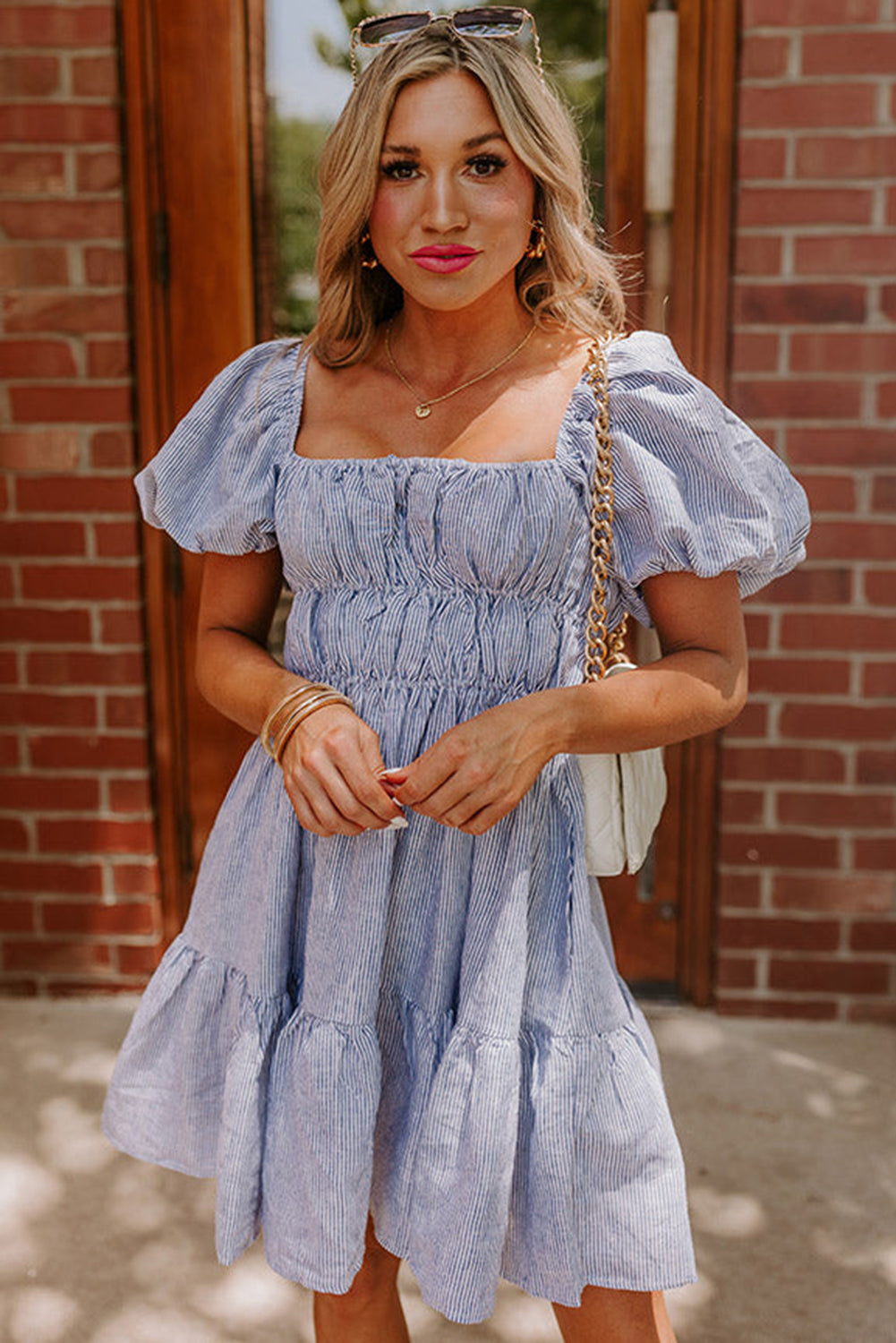 Sky Blue Stripe Bubble Sleeve Square Neck Ruched Pocketed Babydoll Dress