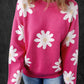 Bright Pink Daisy Flower Crew Neck Long Sleeve Sweater
