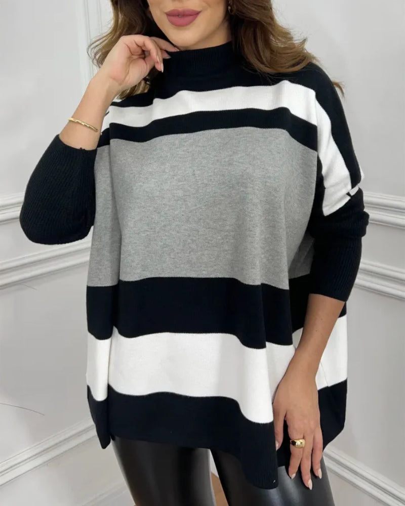 Striped High Neck Long Sleeve Causal Sweater