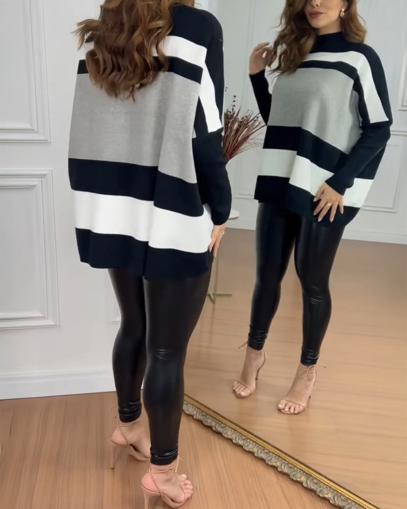 Striped High Neck Long Sleeve Causal Sweater
