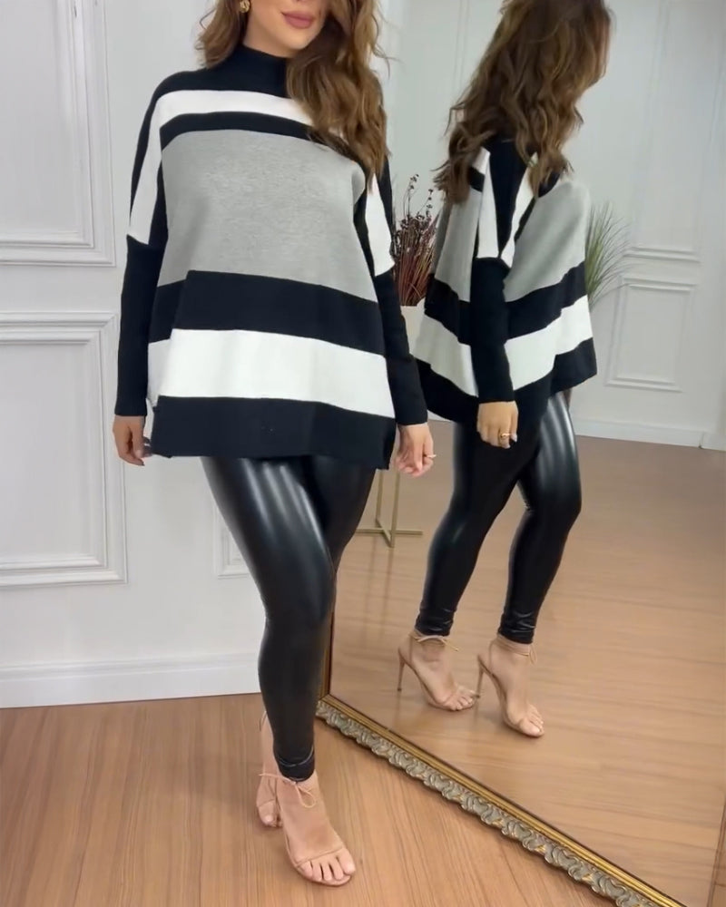 Striped High Neck Long Sleeve Causal Sweater