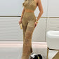 2 Pieces Halter Sleeveless Crop Top and Casual Hollow out Loose Fit Pants Set
