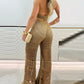 2 Pieces Halter Sleeveless Crop Top and Casual Hollow out Loose Fit Pants Set