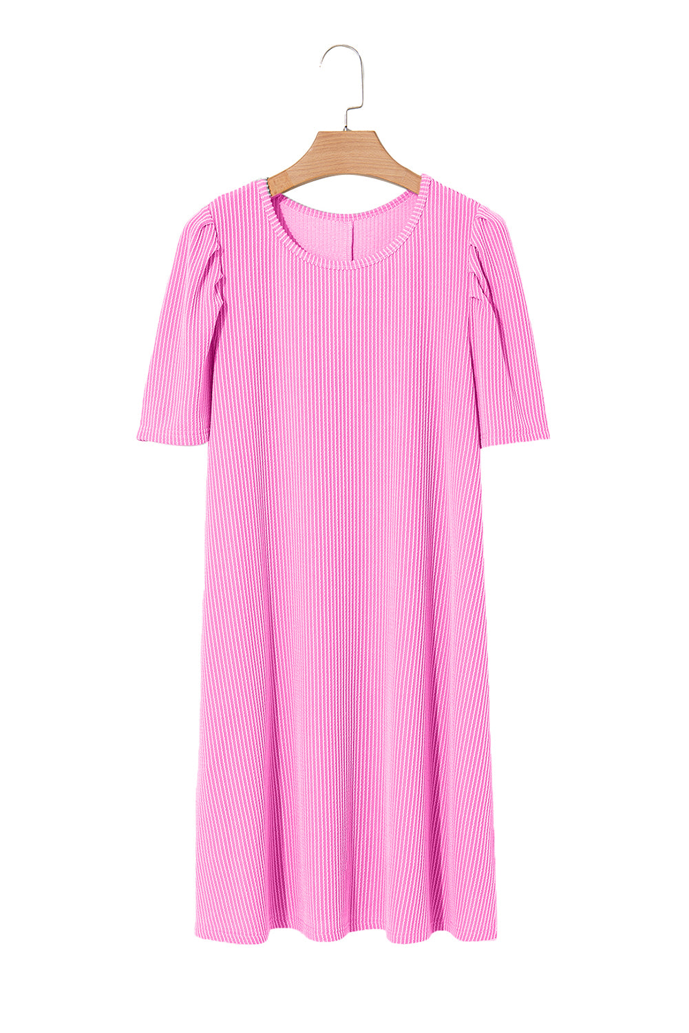 Bright Pink Corded Knit Crew Neck Puff Sleeve Shift Mini Dress