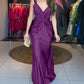 Solid Deep V Neck Braided Straps Twist Front Evening Dress Casual Cinched Waist Mermaid Hem Satin Maxi Dress