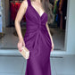 Solid Deep V Neck Braided Straps Twist Front Evening Dress Casual Cinched Waist Mermaid Hem Satin Maxi Dress