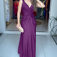 Solid Deep V Neck Braided Straps Twist Front Evening Dress Casual Cinched Waist Mermaid Hem Satin Maxi Dress