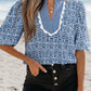 Blue Floral Striped Print Contrast Ric-rac Puff Sleeve Top