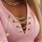 V Neck Long Sleeve Chain Decor T Shirt Casual Slim Fit Ribbed Top