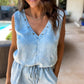 Beau Blue Studded V Neck Raw Hem Sleeveless Denim Romper
