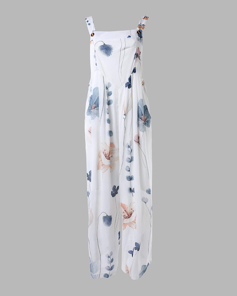 Floral Print Wide Leg Suspender Jumpsuit