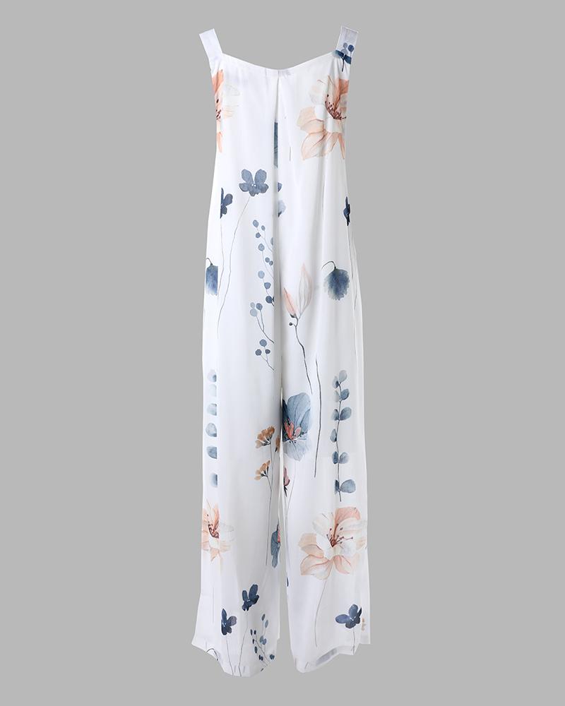 Floral Print Wide Leg Suspender Jumpsuit