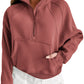Brown Zip Up Stand Collar Ribbed Thumbhole Sleeve Sweatshirt