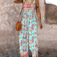 Floral Print Square Neck Thick Strap Shirred Jumpsuit Wide Leg Overalls with Pockets