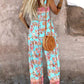 Floral Print Square Neck Thick Strap Shirred Jumpsuit Wide Leg Overalls with Pockets
