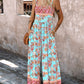 Floral Print Square Neck Thick Strap Shirred Jumpsuit Wide Leg Overalls with Pockets