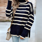 Striped High Neck Side Slit Knit Sweater