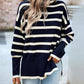 Striped High Neck Side Slit Knit Sweater