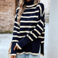 Striped High Neck Side Slit Knit Sweater
