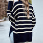 Striped High Neck Side Slit Knit Sweater