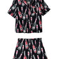 Black Champagne Print Silky Short Sleeve Pajamas Set