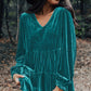 Sea Green Velvet V Neck Peplum Hem Puff Sleeve Blouse