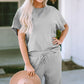 Gray Textured Loose Fit T Shirt and Drawstring Pants Set