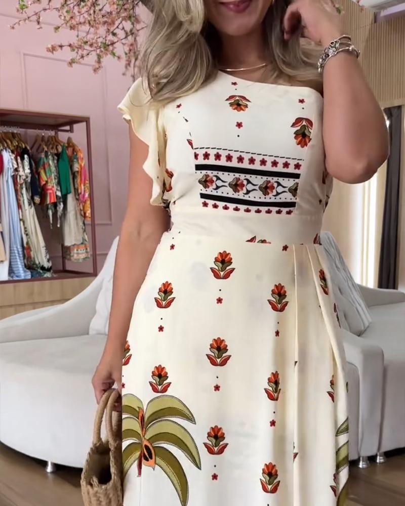Tribal Print One Shoulder Flutter Sleeve Midi Dress Casual Slim Fit Slit Asymmetrical Hem Vacation Dress