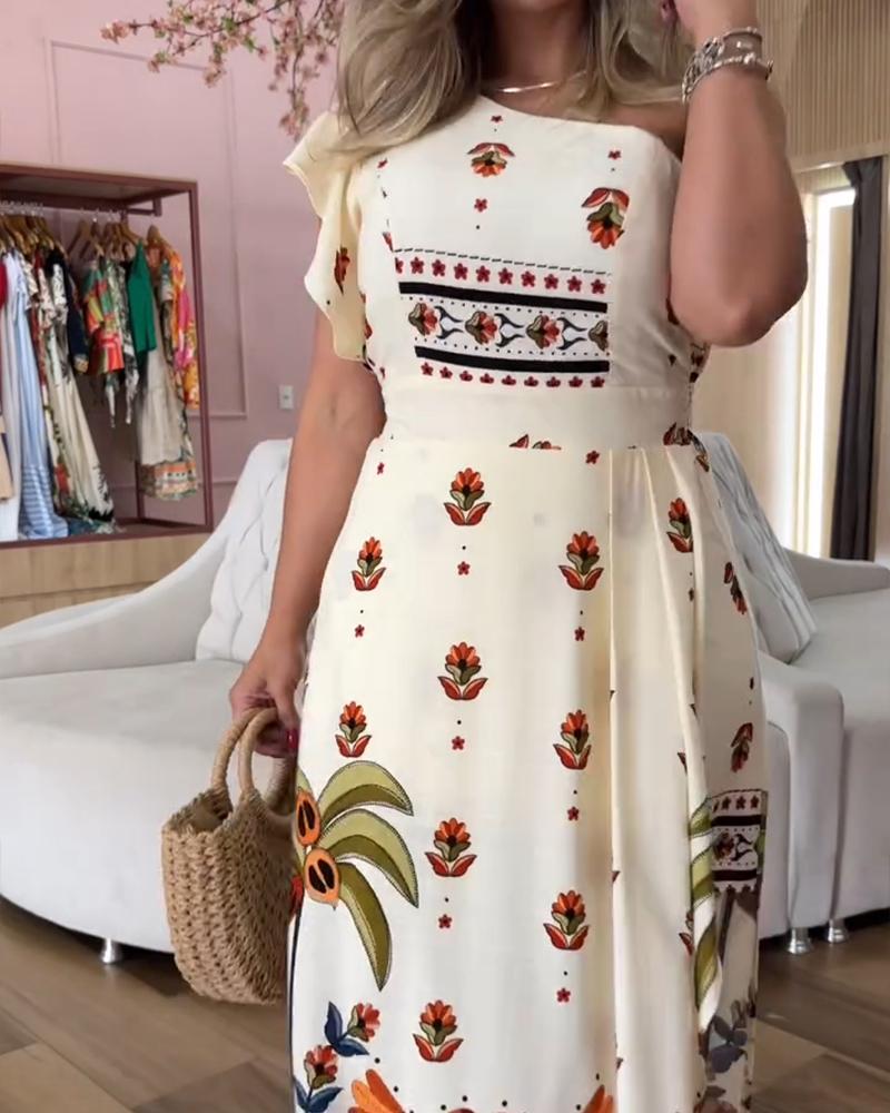 Tribal Print One Shoulder Flutter Sleeve Midi Dress Casual Slim Fit Slit Asymmetrical Hem Vacation Dress