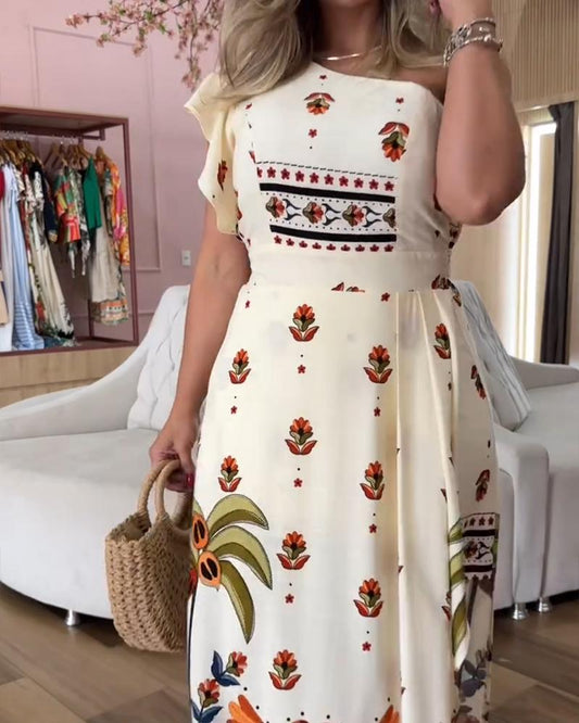Tribal Print One Shoulder Flutter Sleeve Midi Dress Casual Slim Fit Slit Asymmetrical Hem Vacation Dress