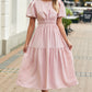 Pink Puff Sleeve Pleated High Waist Flowy Long Dress