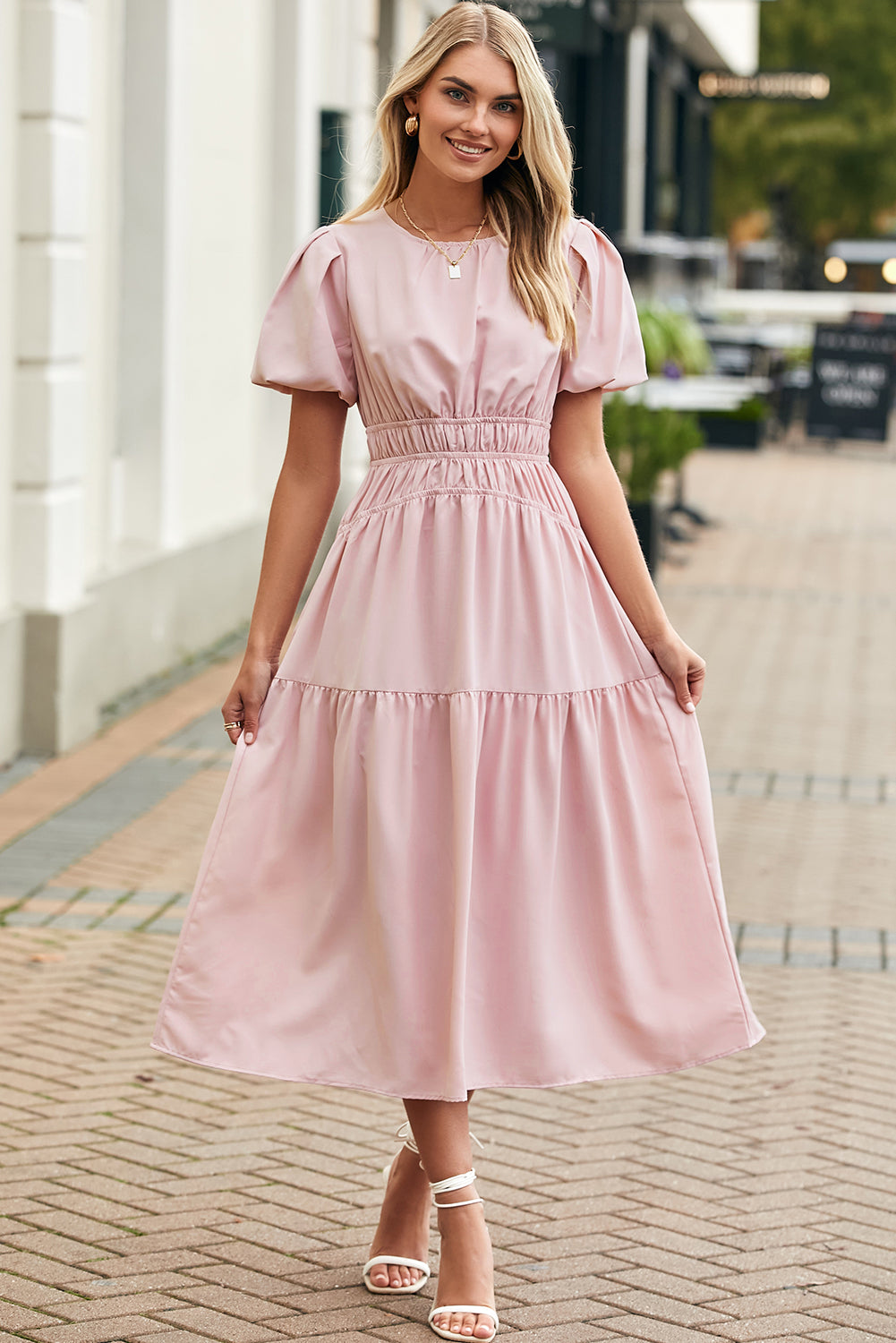 Pink Puff Sleeve Pleated High Waist Flowy Long Dress