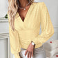 V Neck Eyelet Hollow out Ruched Lantern Sleeve Tee Casual Top