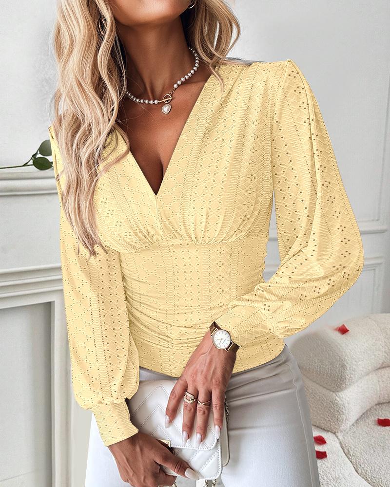 V Neck Eyelet Hollow out Ruched Lantern Sleeve Tee Casual Top