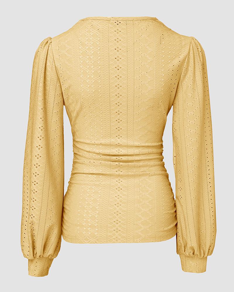V Neck Eyelet Hollow out Ruched Lantern Sleeve Tee Casual Top