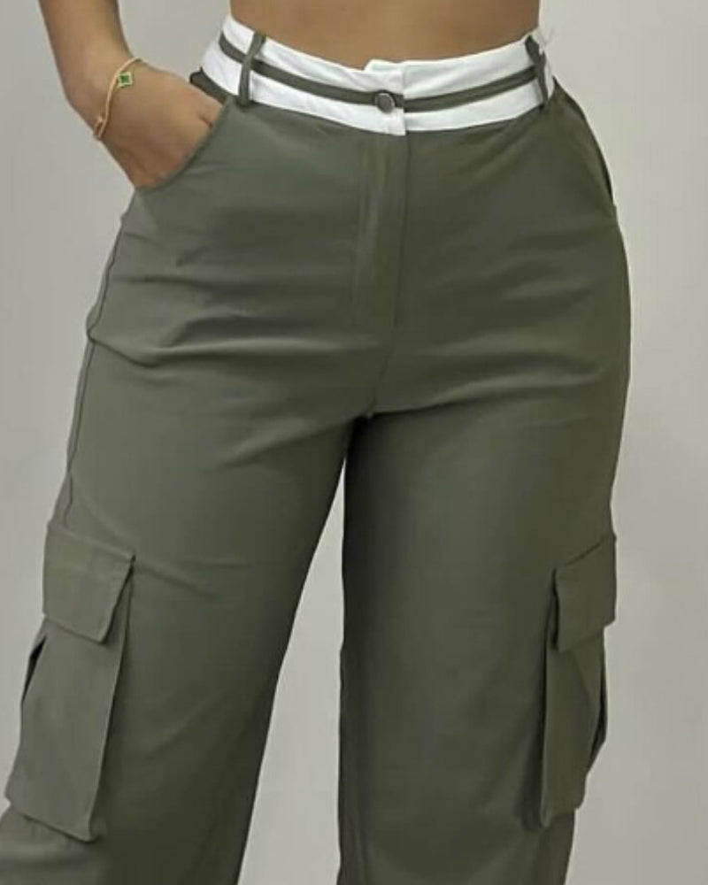 Colorblock Waist Pocket Design Active Pants Casual Straight Leg Cargo Pants