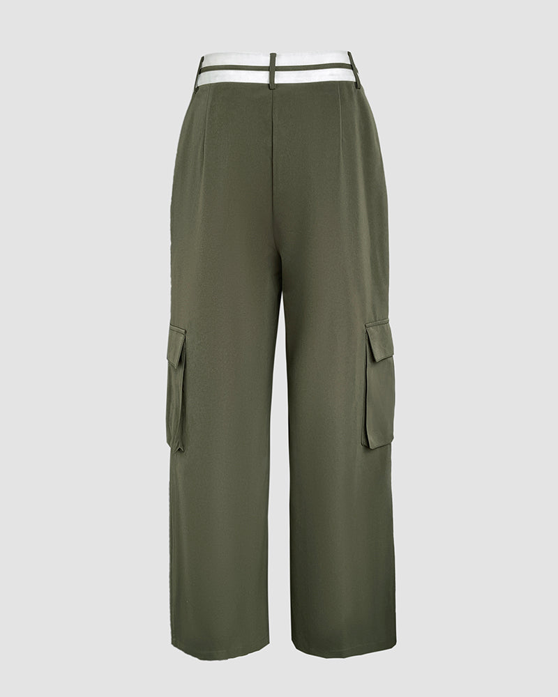 Colorblock Waist Pocket Design Active Pants Casual Straight Leg Cargo Pants