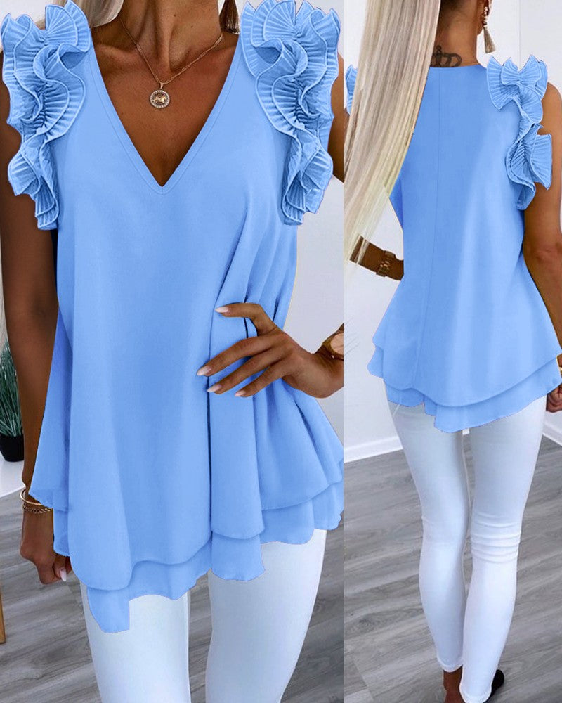 Ruffle Hem Ruched V Neck Layered Tank Top