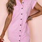 Pink Short Sleeve Double Chest Pocket Denim Shirt Dress