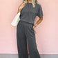 Dark Grey Drawstring Side Crewneck Tee and Loose Pants Set