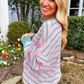 Pink Stripe Trimmed Round Neck Drop Shoulder Loose Sweater