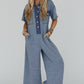Beau Blue Half Placket Chest Pockets Short Sleeve Wide Leg Jumpsuit