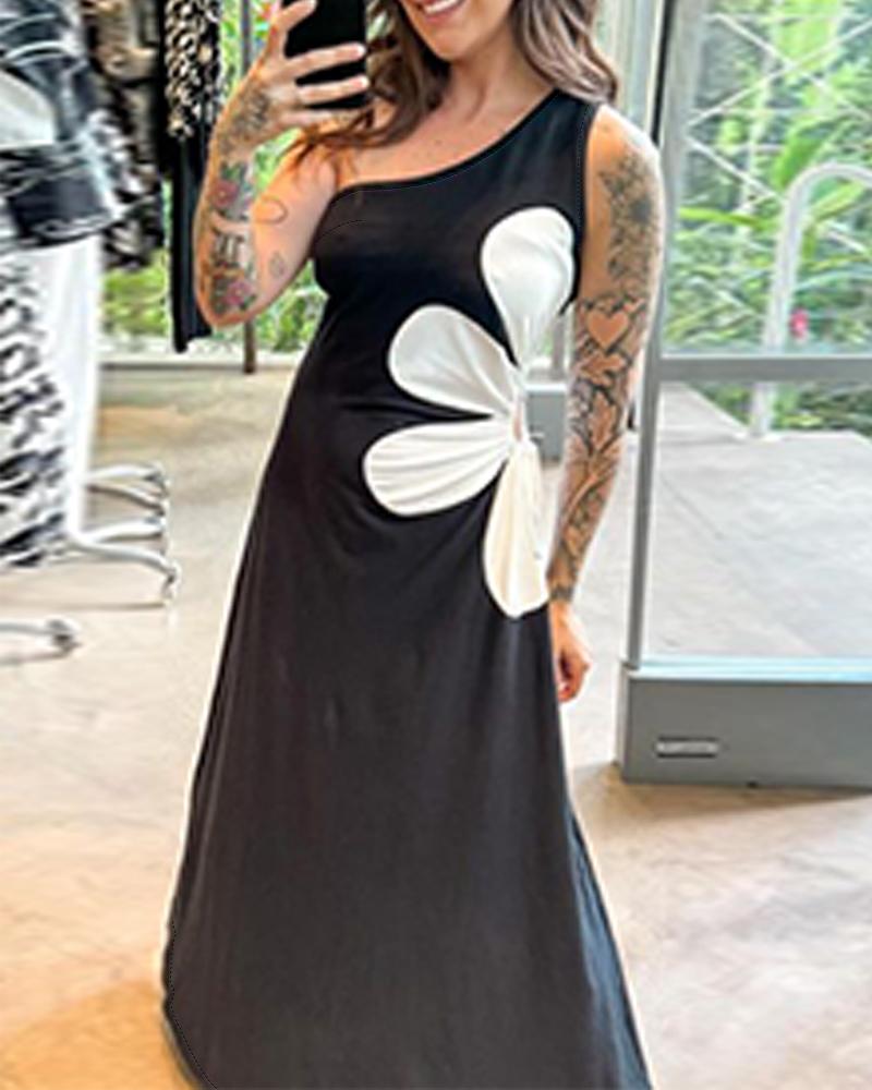 Colorblock Floral Print One Shoulder Drawstring Maxi Dress