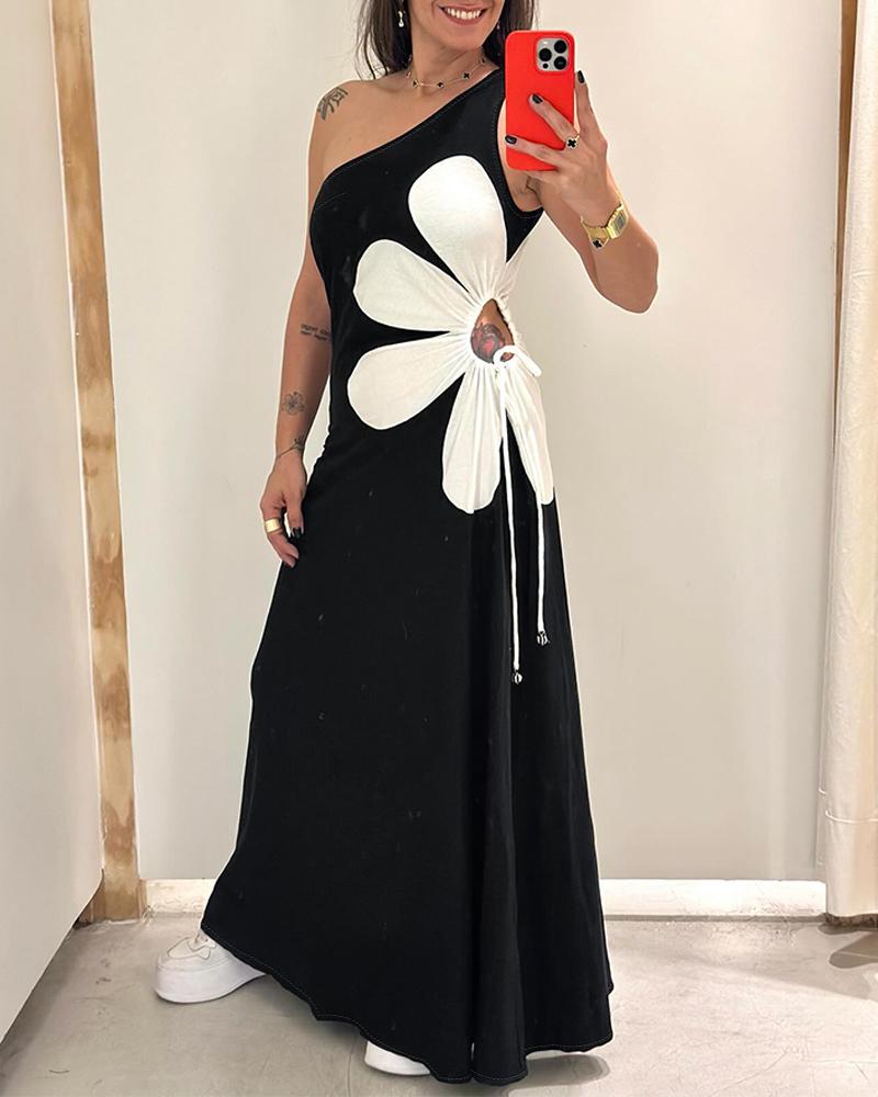 Colorblock Floral Print One Shoulder Drawstring Maxi Dress