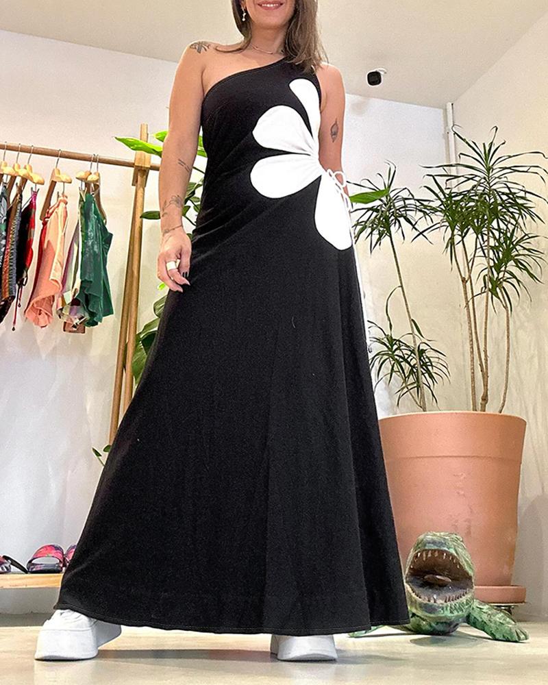 Colorblock Floral Print One Shoulder Drawstring Maxi Dress