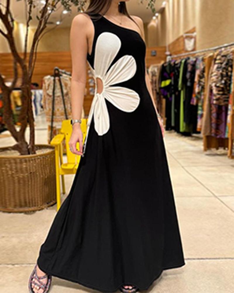 Colorblock Floral Print One Shoulder Drawstring Maxi Dress